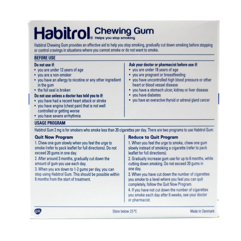Habitrol nicotine gum 2mg mint flavor 204 pieces back view directions