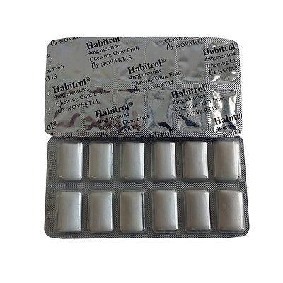 Habitrol nicotine gum 4mg fruit flavor 384 pieces individual sheets front and back view