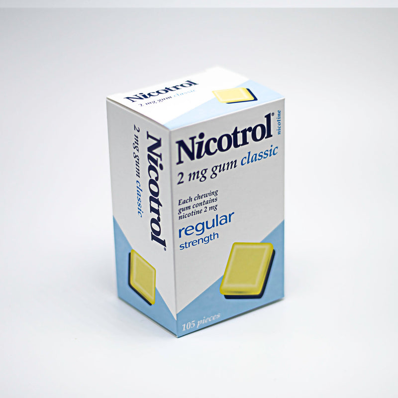 Nicotrol nicotine gum 2mg classic flavor 105 pieces top side view